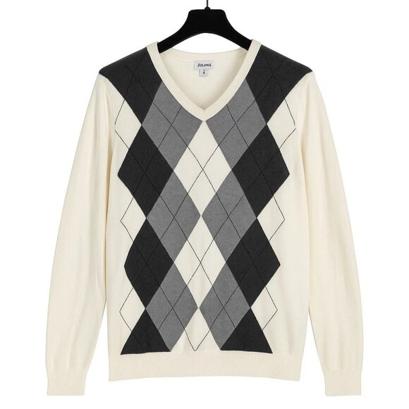 OLD NAVY V Neck Argyle Sweater Men's XL Gray White Classic Preppy Retro Casual - Picture 1 of 5